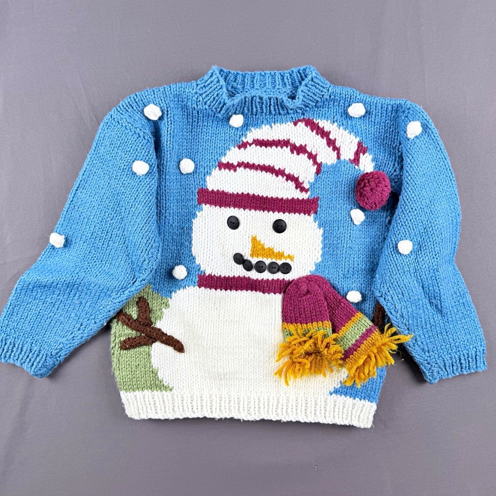 Boys Size 4 Blue Knit Snowman Christmas Pullover Sweater Crewneck Handmade